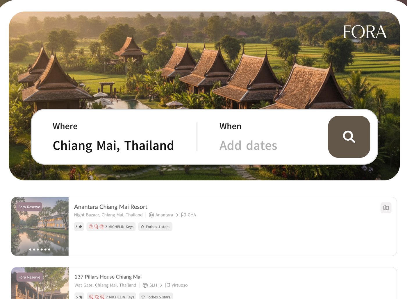 The Client Portal hotel search, showing Fora Reserve properties with rates and benefits