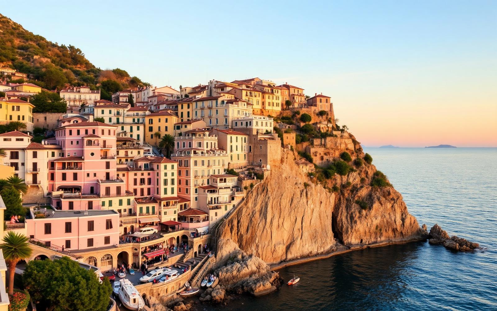 Mediterranean coastline from above at golden hour